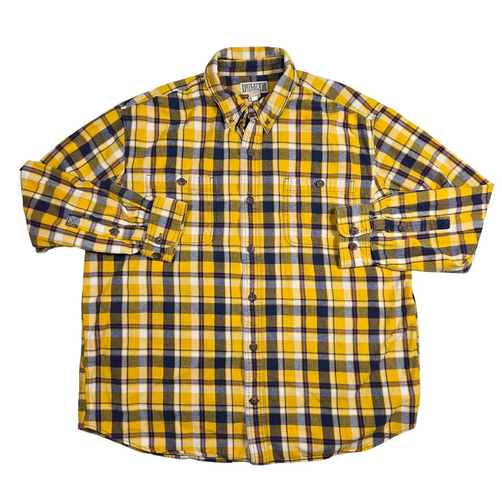 Duluth Trading Flannel Shirt Mens XL Plaid Long Sleeve Button Up Yellow Outdoors